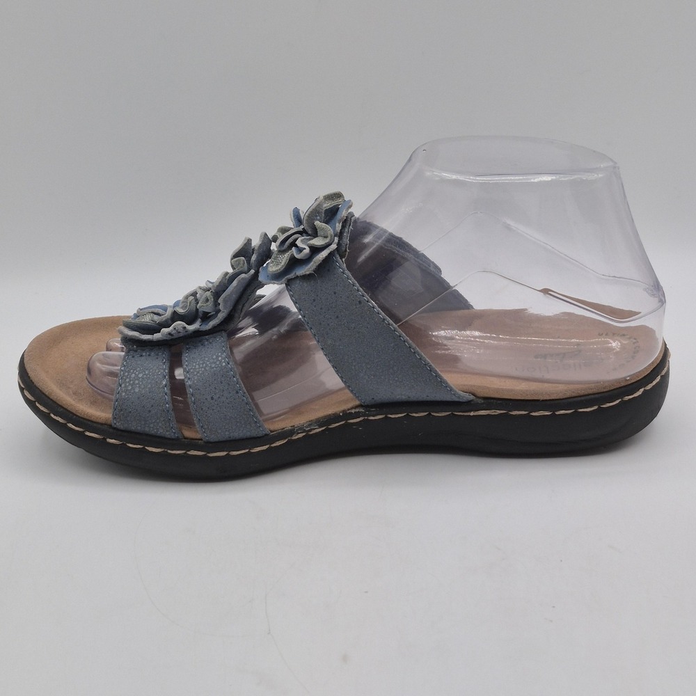 Clarks Collection Sandals Womens Size 7 Blue Suede Slide Flower Wedge Comfort - Picture 4 of 12